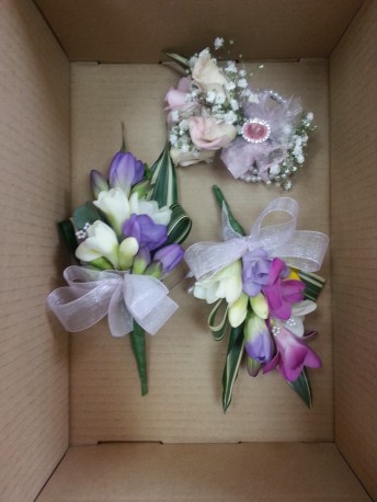 freesia corsage and wrist band