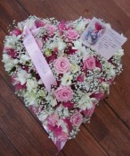 pink roses and white freesia heart